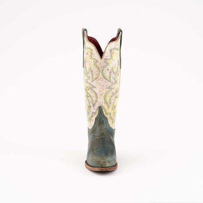 Ferrini Candy Leather Boots, tall teal leather cowboy boot with ornate cream embroidered shaft, pull tabs and snip toe