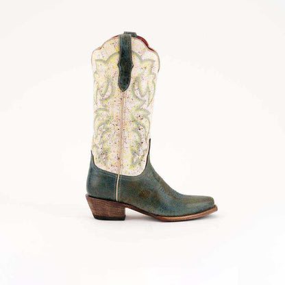 Ferrini Candy Leather Boots in teal leather with a cream floral embroidered shaft, snip toe and low cowboy heel