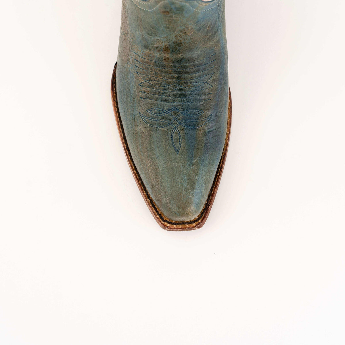 Ferrini Candy Leather Boots with a distressed teal leather vamp, decorative stitching and a pointed snip toe