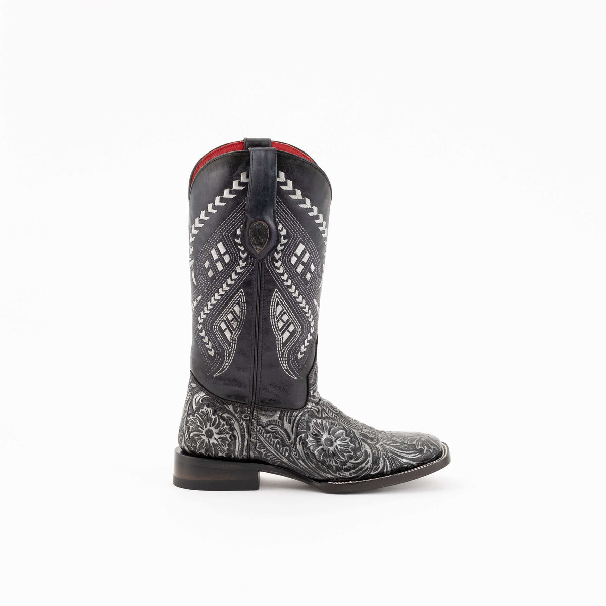 Ferrini Cleopatra Leather Boots in black leather with intricate white geometric stitching and embossed floral detailing.