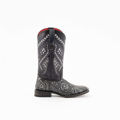 Ferrini Cleopatra Leather Boots in black leather with intricate white geometric stitching and embossed floral detailing.