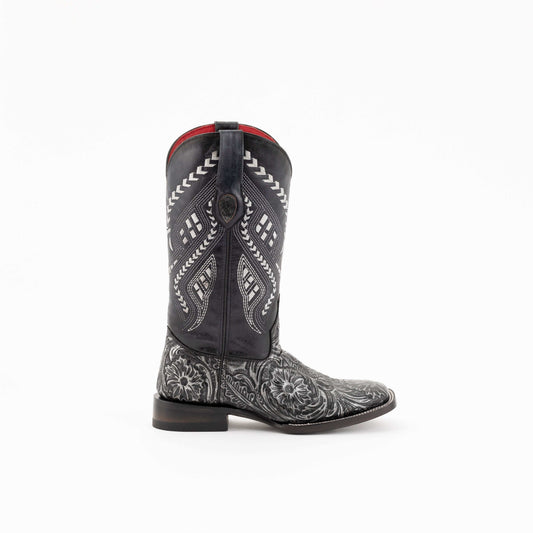 Ferrini Cleopatra Leather Boots in black leather with intricate white geometric stitching and embossed floral detailing.
