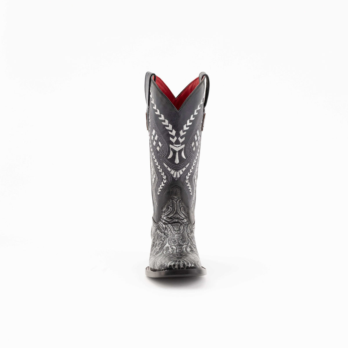 Ferrini Cleopatra Leather Boots in black and gray leather, featuring ornate white stitched patterns and red lining