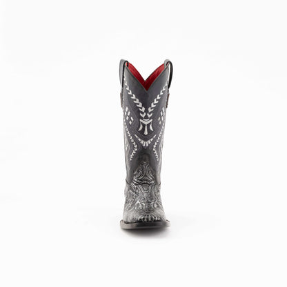 Ferrini Cleopatra Leather Boots in black and gray leather, featuring ornate white stitched patterns and red lining