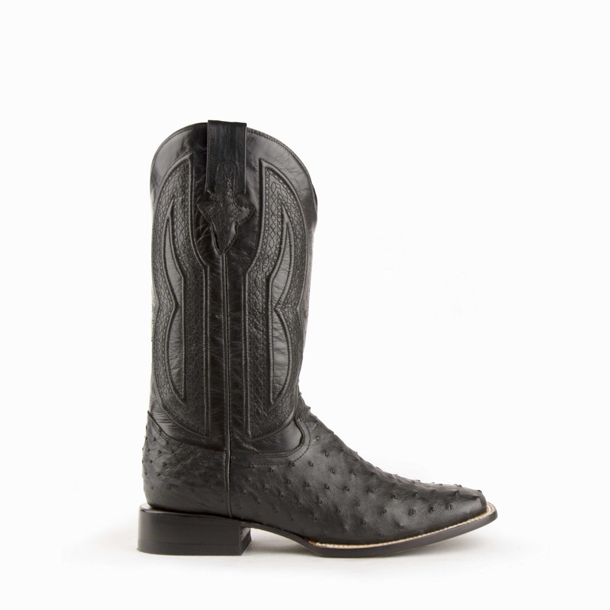 Ferrini Colt Full Quill Ostrich Boots in black leather with textured quill vamp, stitched shaft, and square toe
