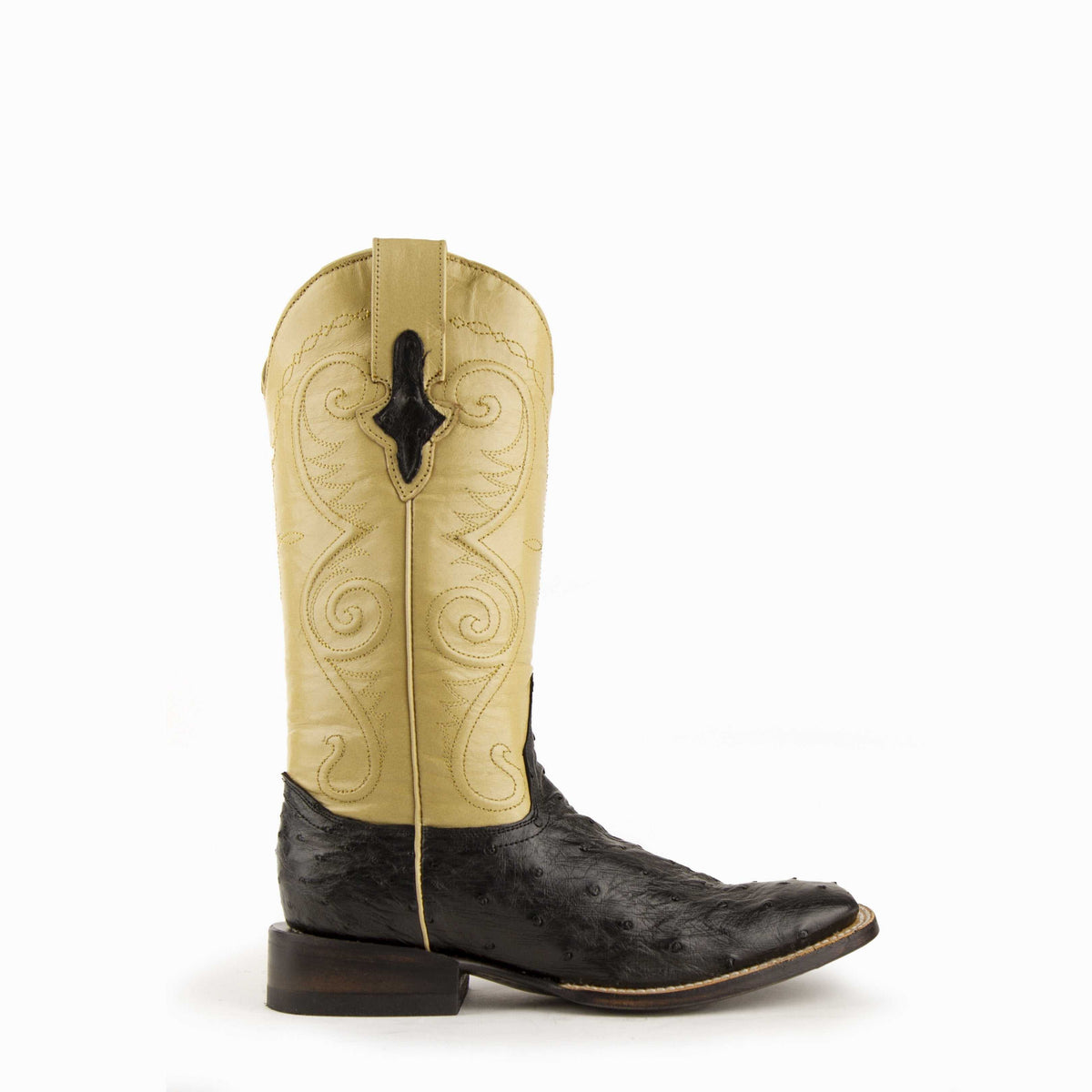 Ferrini Colt Full Quill Ostrich Boots with a black textured foot, tan embroidered shaft, and square toe