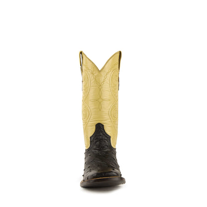 Ferrini Colt Full Quill Ostrich Boots with black textured ostrich vamp, tan embroidered shaft, and square toe