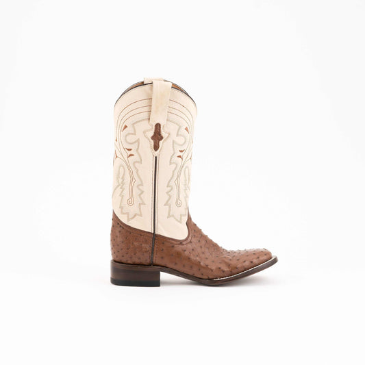 Ferrini Colt Full Quill Ostrich Boots in brown textured leather with a cream embroidered shaft and pointed toe