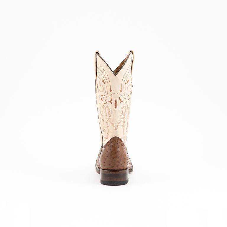 Ferrini Colt Full Quill Ostrich Boots with a brown quill-textured heel, cream shaft and ornate tan embroidery
