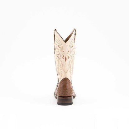 Ferrini Colt Full Quill Ostrich Boots with a brown quill-textured heel, cream shaft and ornate tan embroidery