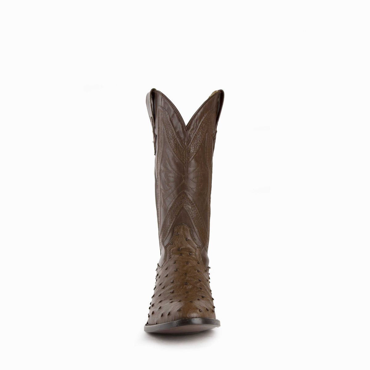 Ferrini Colt Full Quill Ostrich Boots in brown leather, shown from the front with quill-textured vamp and stitched shaft