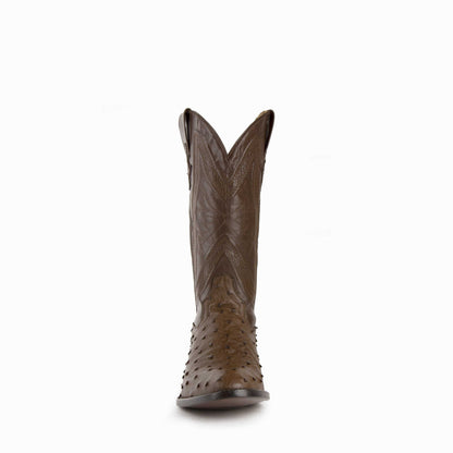 Ferrini Colt Full Quill Ostrich Boots in brown leather, shown from the front with quill-textured vamp and stitched shaft