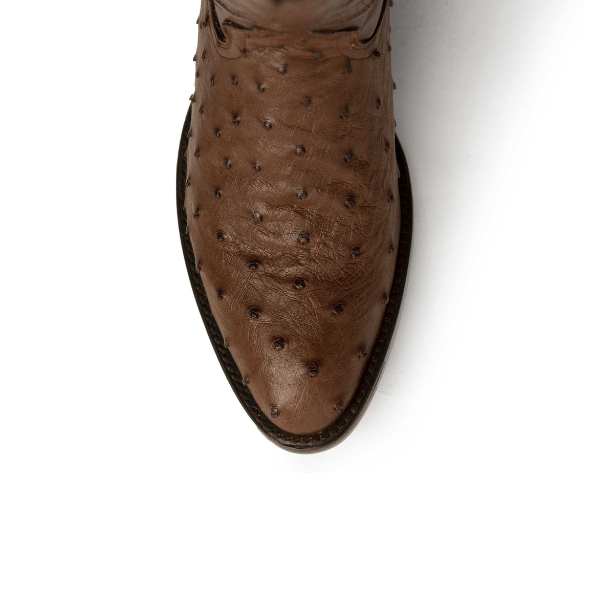 Ferrini Colt Full Quill Ostrich Boots in brown leather, showing a textured quill pattern and rounded toe