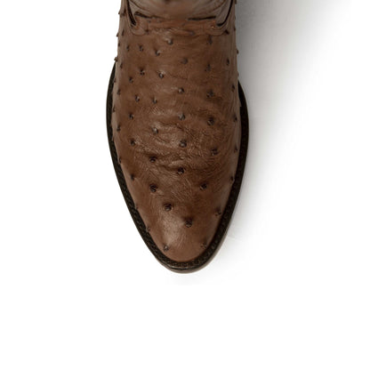 Ferrini Colt Full Quill Ostrich Boots in brown leather, showing a textured quill pattern and rounded toe