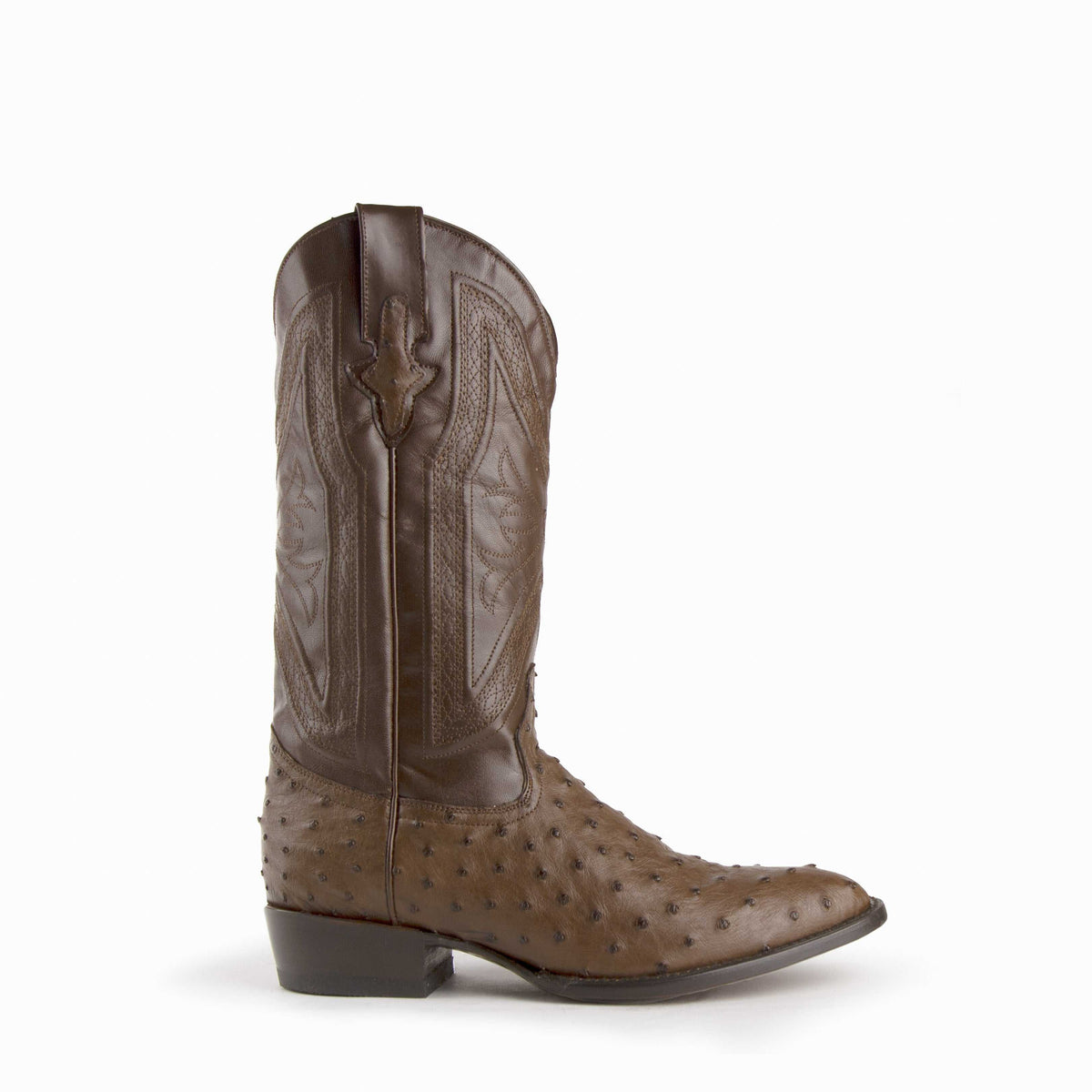 Ferrini Colt Full Quill Ostrich Boots in brown leather, with textured quill vamp, embroidered shaft, and cowboy heel