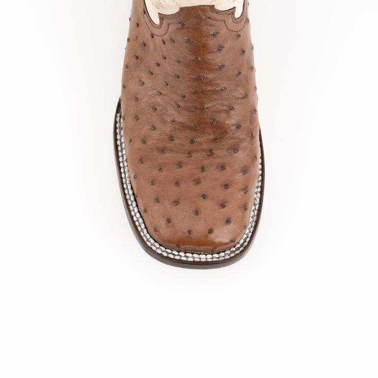 Ferrini Colt Full Quill Ostrich Boots in brown ostrich leather, with raised quill pattern and white contrast stitching