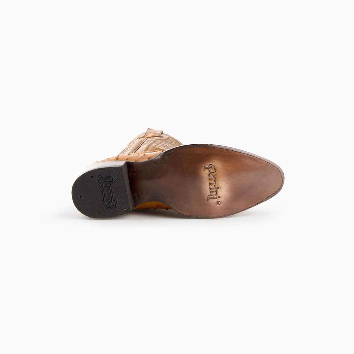 Ferrini Colt Full Quill Ostrich Boots with a cognac leather outsole, dark rubber heel cap, and branded sole
