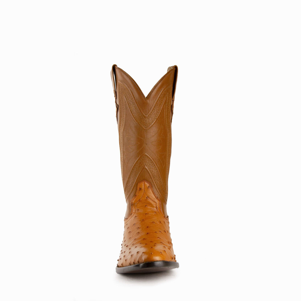 Ferrini Colt Full Quill Ostrich Boots in cognac ostrich leather, featuring quill texture and stitched tall shaft