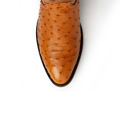 Ferrini Colt Full Quill Ostrich Boots in cognac leather, featuring distinctive raised quill texture and a medium round toe