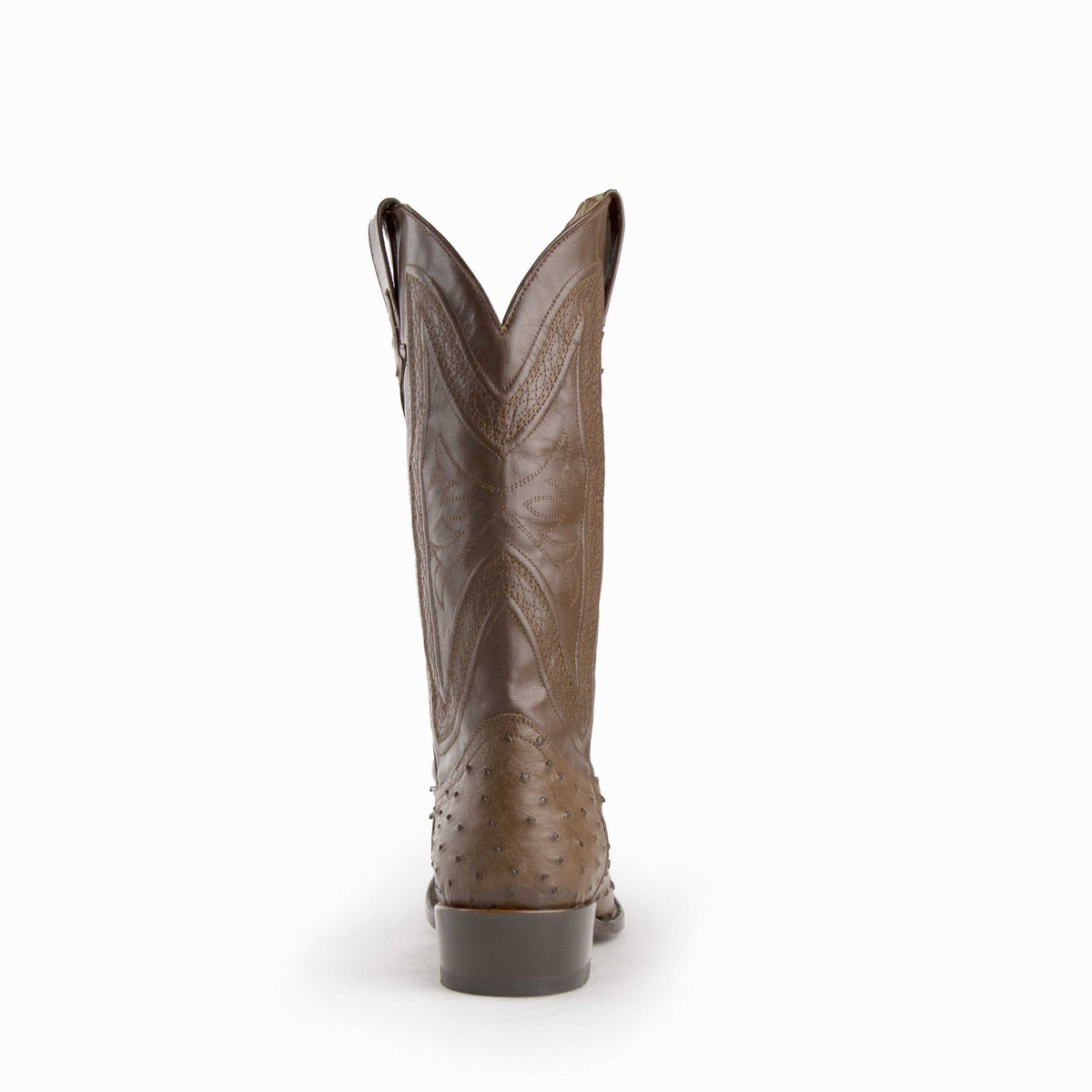 Ferrini Colt Full Quill Ostrich Boots in tabac brown leather, showing textured quill vamp and decorative stitched shaft.