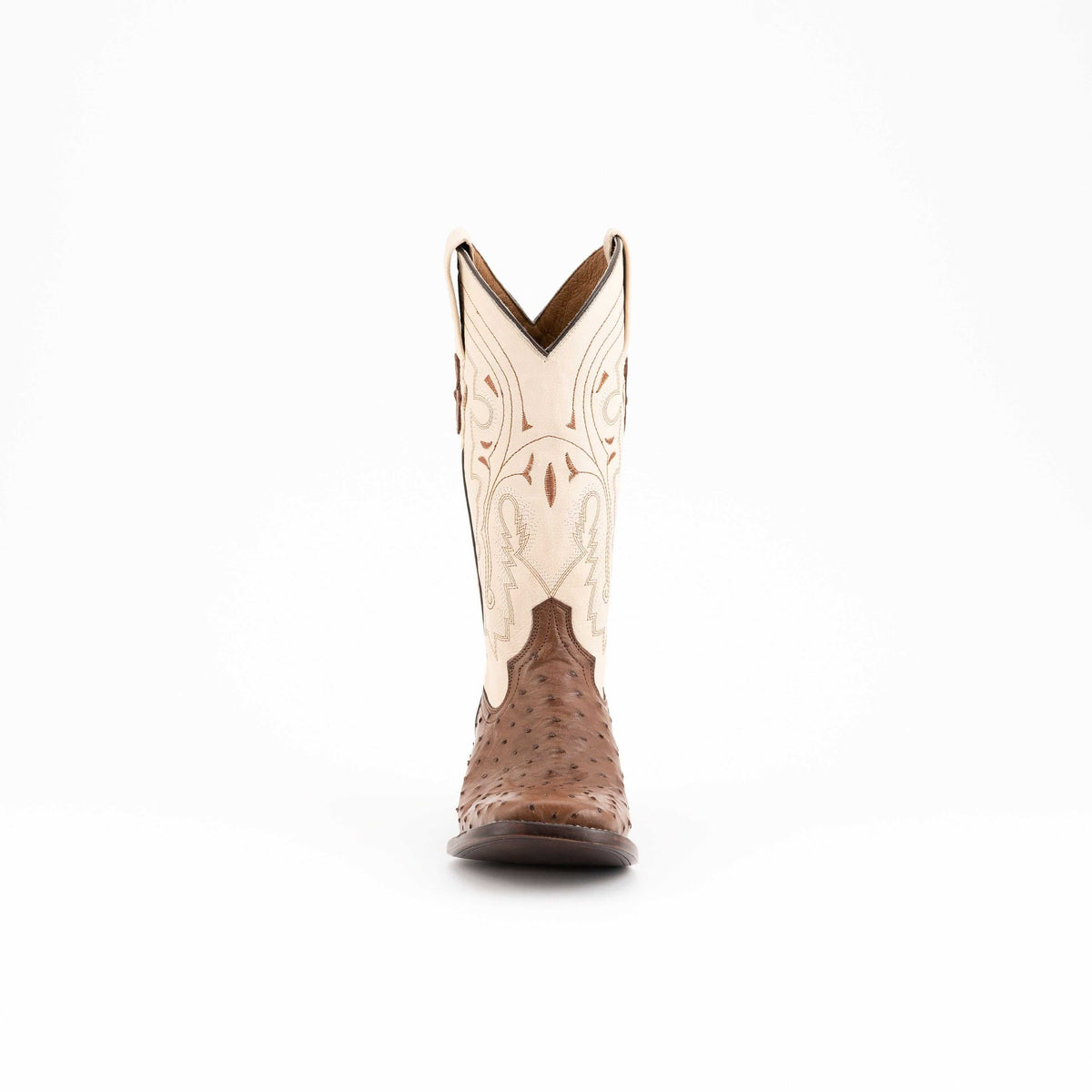 Ferrini Colt Full Quill Ostrich Boots in tan and cream leather, featuring a textured quill vamp and embroidered shaft
