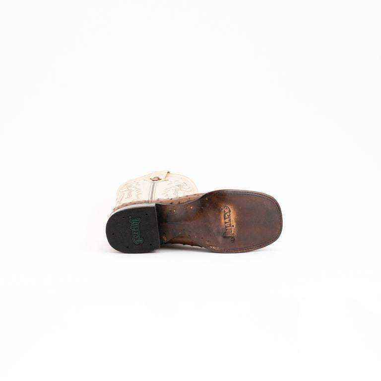 Ferrini Colt Full Quill Ostrich Boots with a tan quill-textured leather upper and brown leather sole, shown from below
