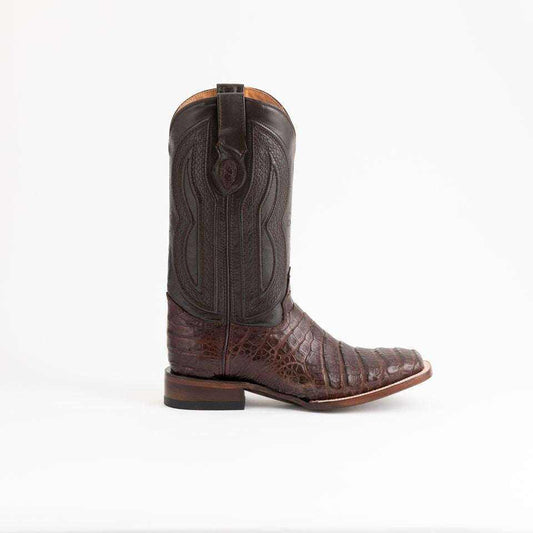 Ferrini Dakota Caiman Belly Boots in dark chocolate leather with textured belly scales, decorative stitching, and square toe