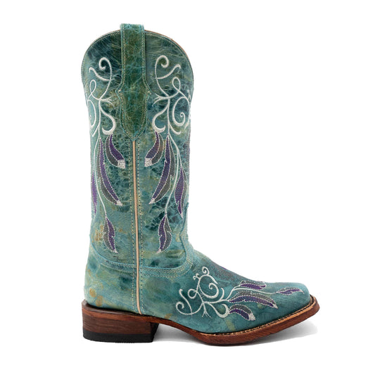 Ferrini Dreamer Leather Boots in sea foam leather, with purple and white floral embroidery and a square toe