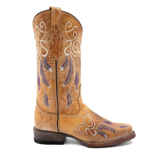 Ferrini Dreamer Leather Boots in tan antique saddle leather with ornate white and purple stitching and square toe