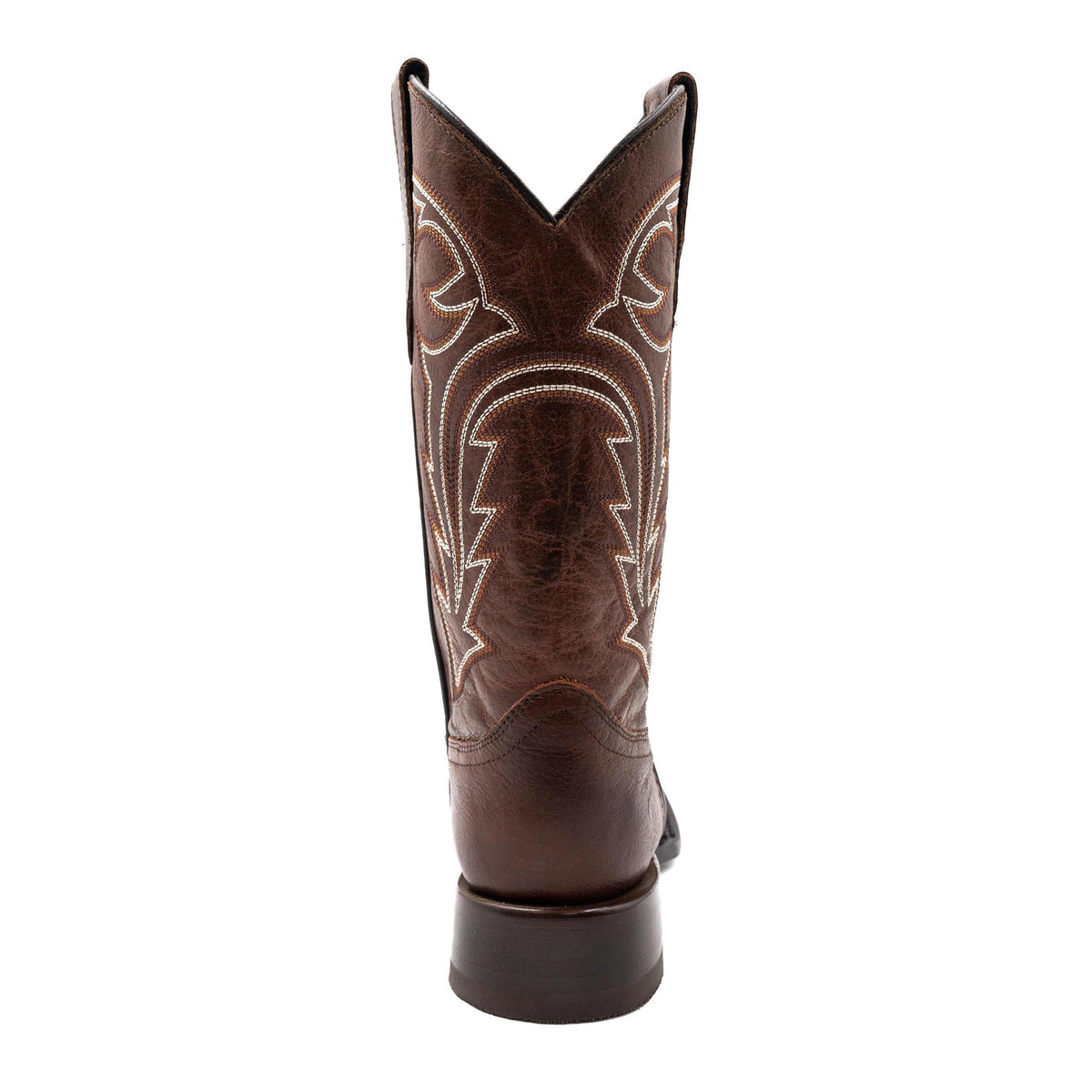Ferrini Dylan Leather Boots in dark brandy leather, shown from the back with cream decorative stitching and a block heel