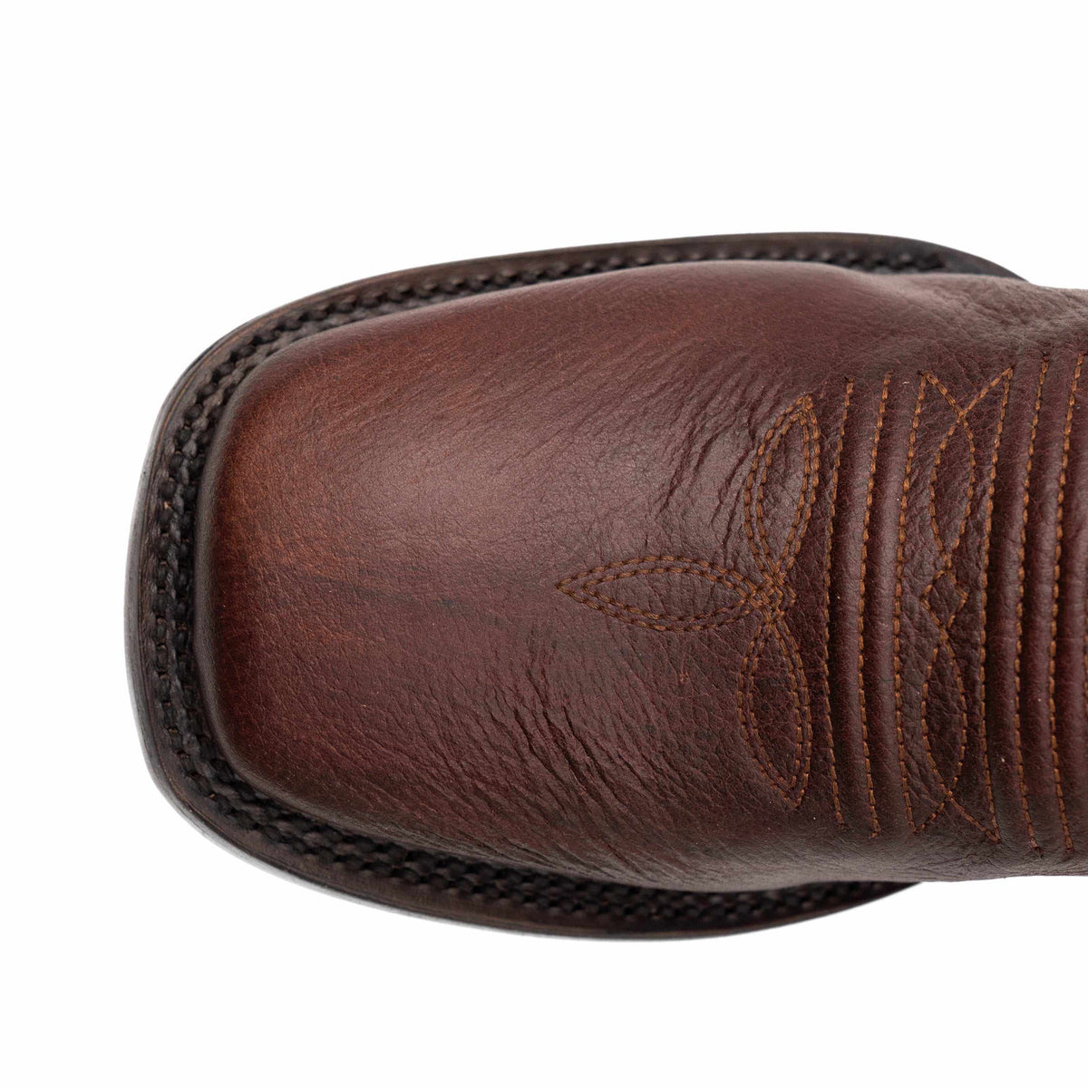 Ferrini Dylan Leather Boots with a brandy brown leather square toe, dark welt stitching and decorative embroidery