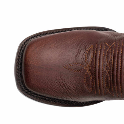 Ferrini Dylan Leather Boots with a brandy brown leather square toe, dark welt stitching and decorative embroidery