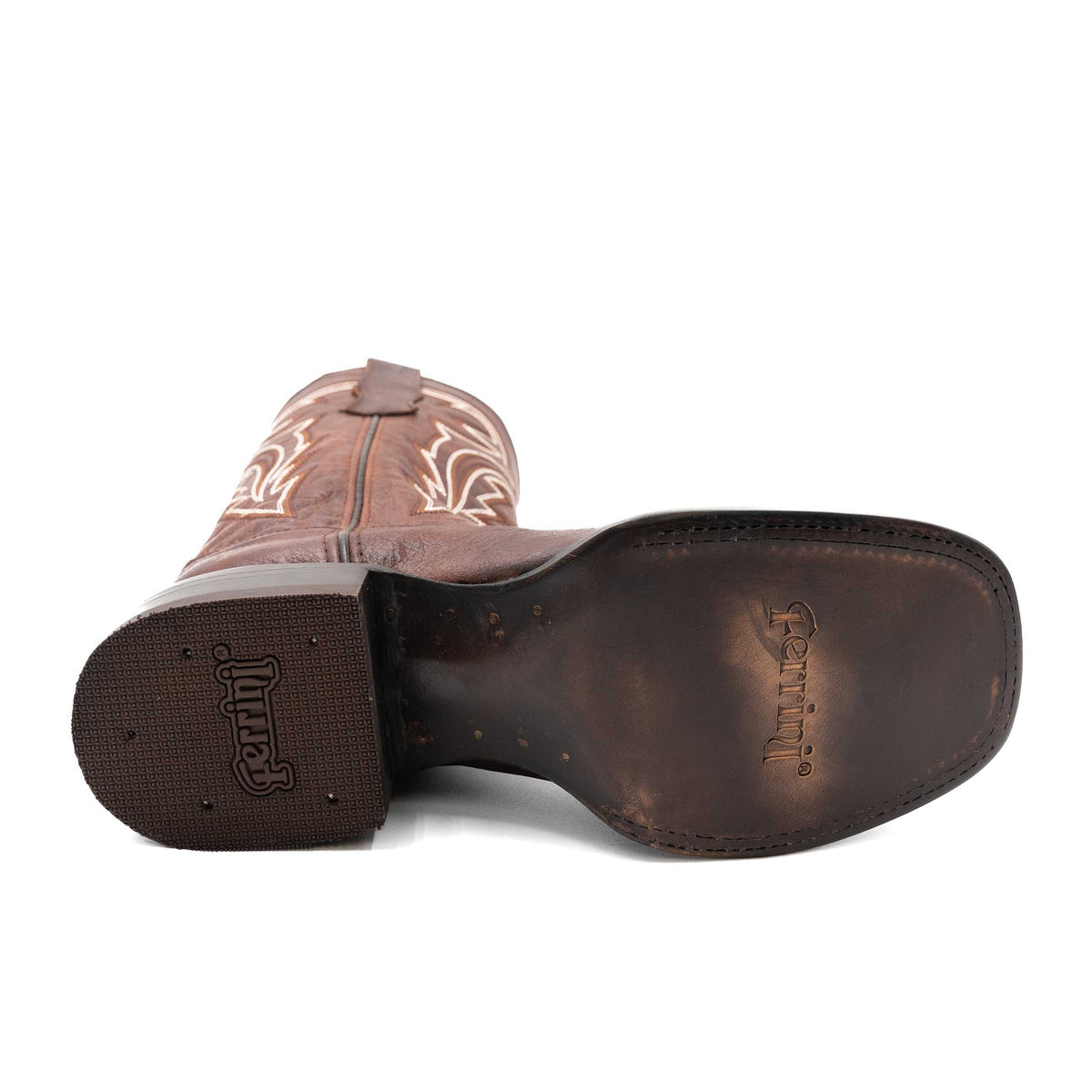 Ferrini Dylan Leather Boots with a dark brown leather sole and brandy leather shaft featuring light decorative stitching