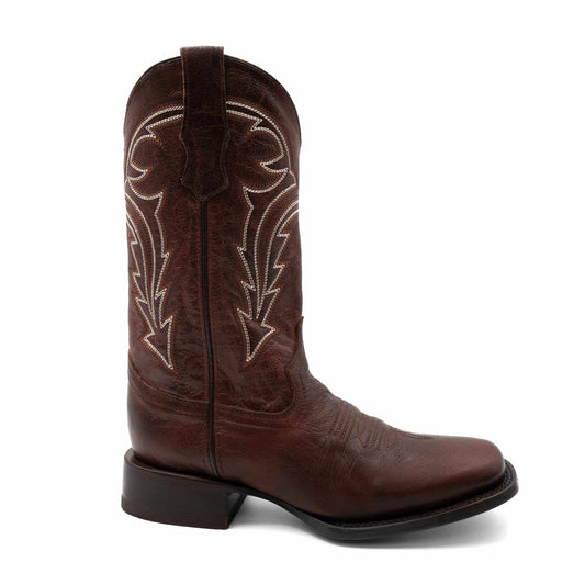 Ferrini Dylan Leather Boots in dark brandy leather with a square toe, contrast stitched shaft and block heel