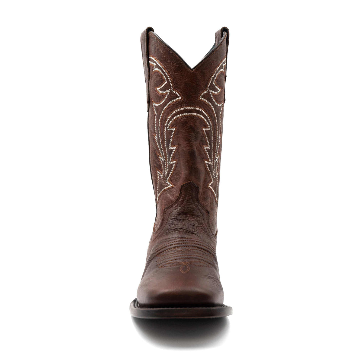 Ferrini Dylan Leather Boots in dark brown leather with a square toe and cream decorative stitching on the shaft