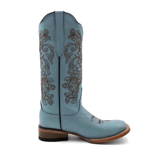 Ferrini Ella Leather Boots in aqua leather with dark embroidered scrollwork, square toe and low block heel