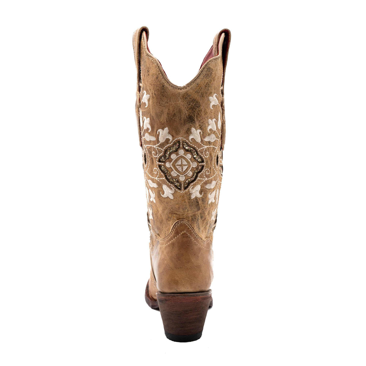Ferrini Empress Leather Boots in latte leather with cream floral embroidery, ornate medallion, and stacked cowboy heel