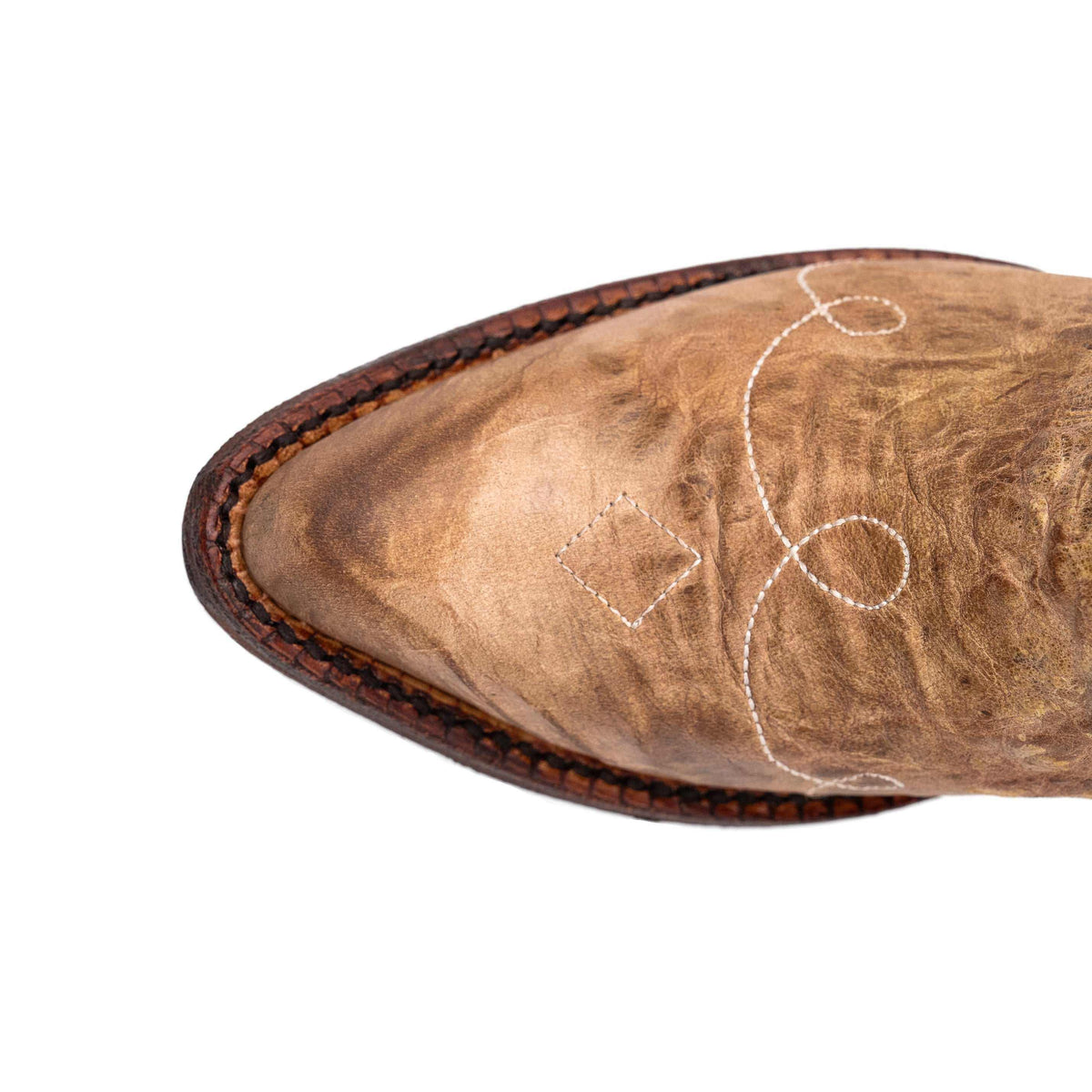 Ferrini Empress Leather Boots in distressed latte leather, featuring a pointed snip toe and decorative white stitching