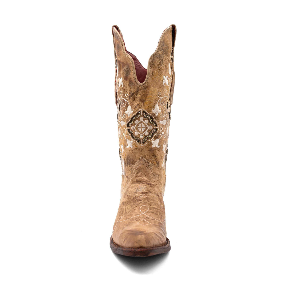 Ferrini Empress Leather Boots in tan leather with ornate cream embroidery, decorative medallion and snip toe