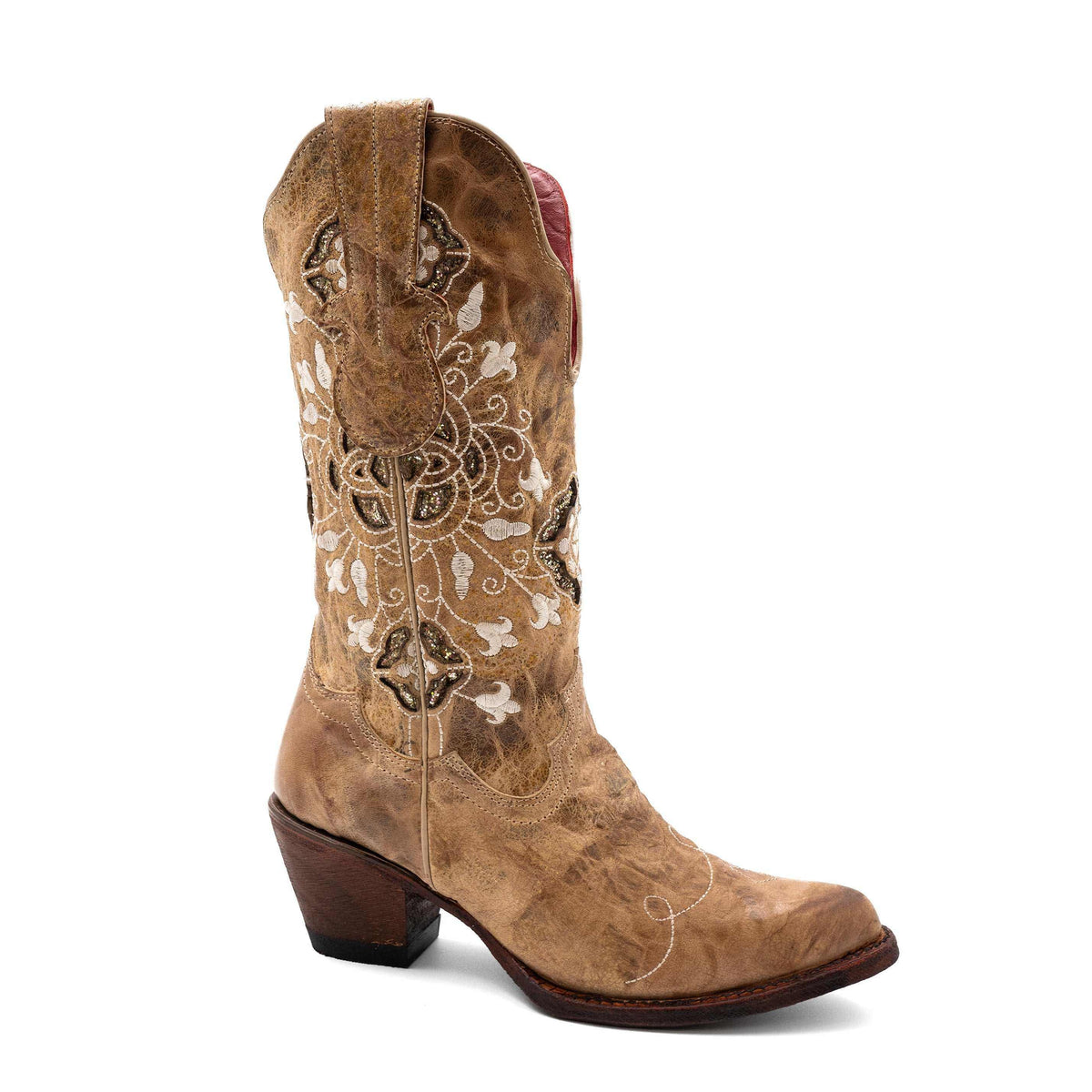 Ferrini Empress Leather Boots in tan leather with ornate cream floral stitching, a snip toe, and a cowboy heel