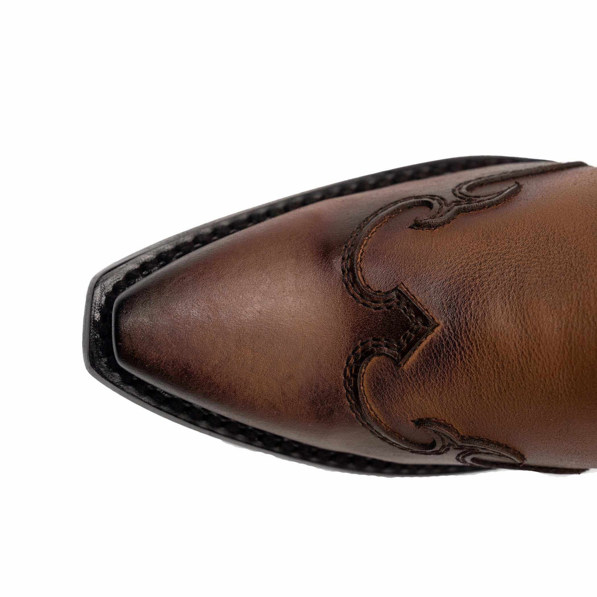 Ferrini Estrella Leather Boots feature a brandy brown leather vamp with a snip toe and dark decorative stitching