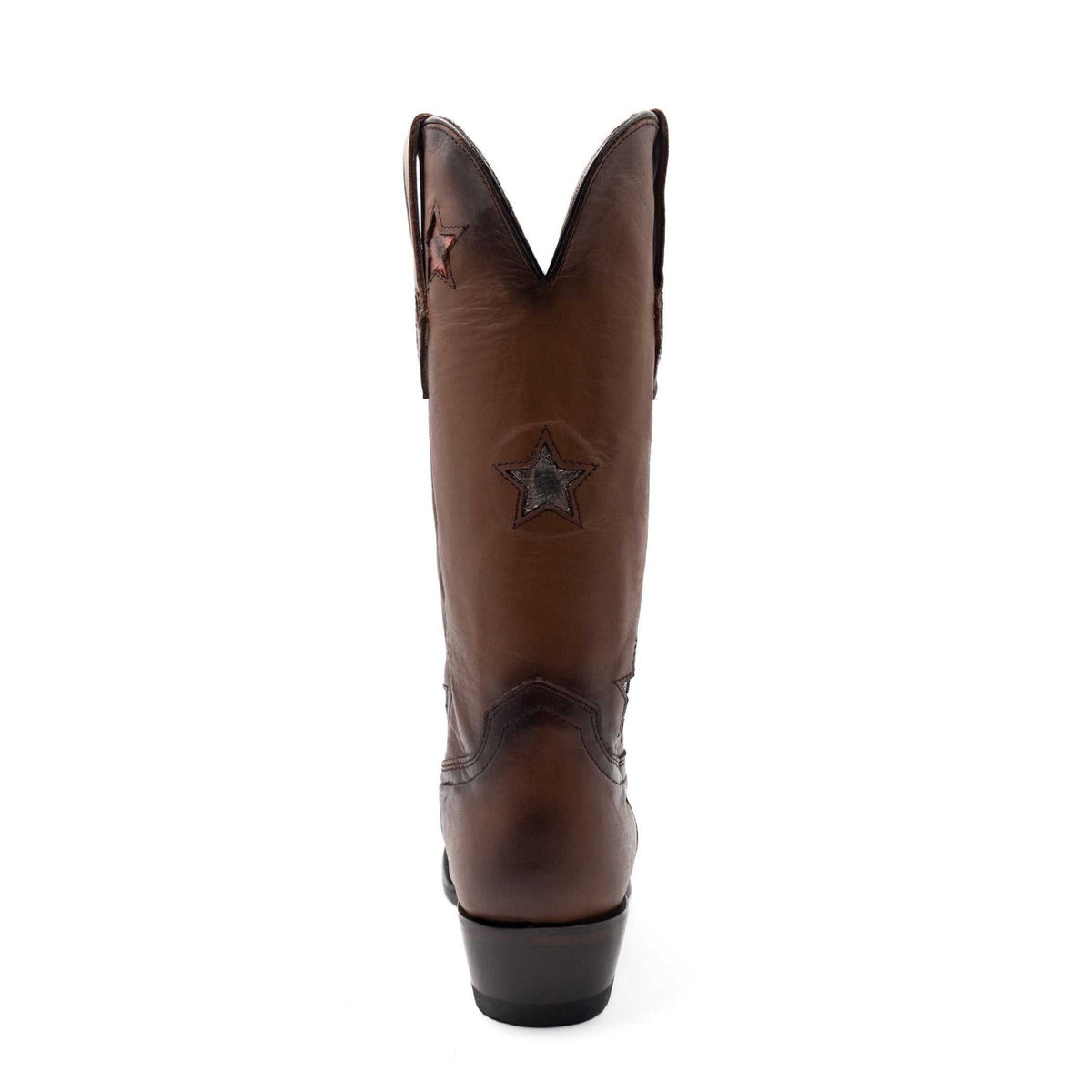 Ferrini Estrella Leather Boots in brown leather feature a tall shaft, stitched star emblem, pointed pull tabs and stacked heel