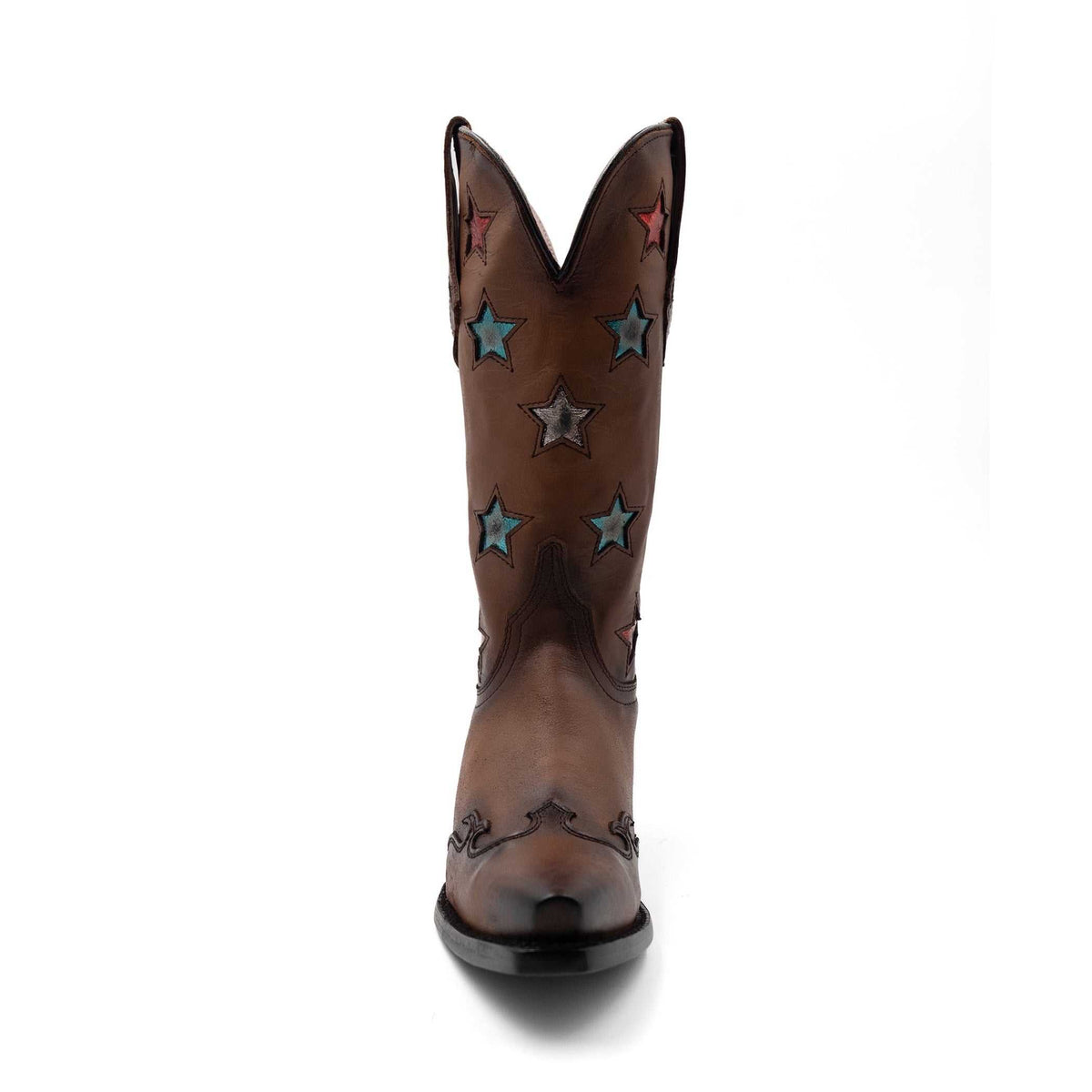 Ferrini Estrella Leather Boots in brown leather, featuring colourful star appliqués, decorative stitching and a snip toe