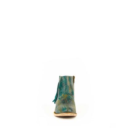 Ferrini Fringe Leather Boots in turquoise distressed leather, with stitched shaft detailing and a short fringe accent