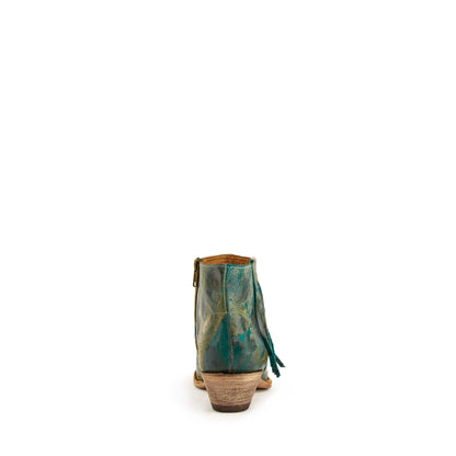 Ferrini Fringe Leather Boots in turquoise distressed leather, shown from the back with fringe ties and a stacked cowboy heel