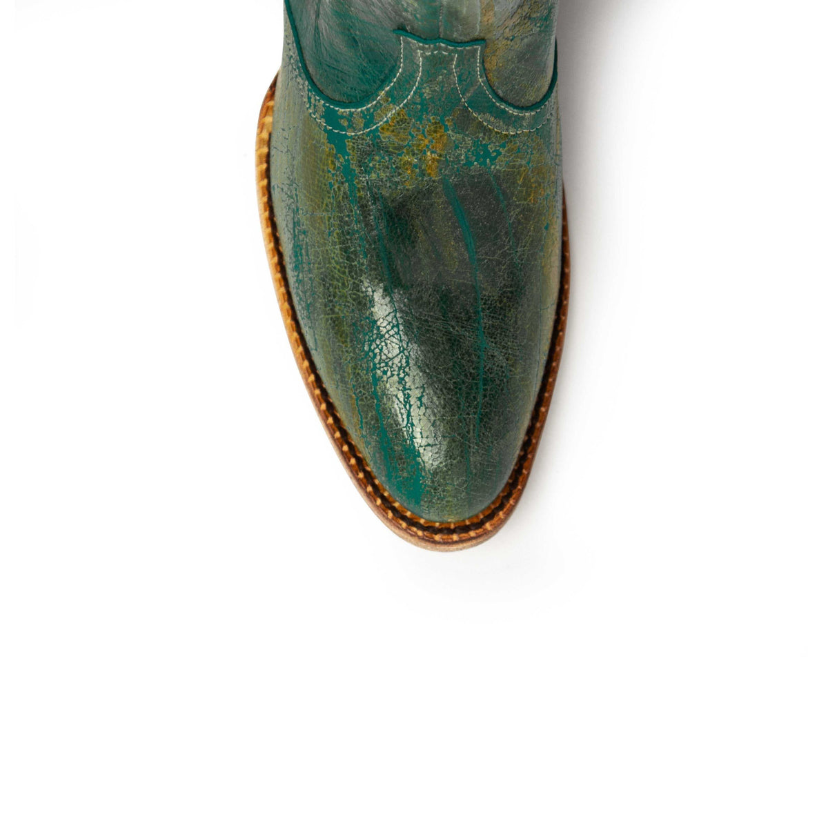 Ferrini Fringe Leather Boots in distressed turquoise leather, showing a stitched shaft, rounded toe and layered leather sole.
