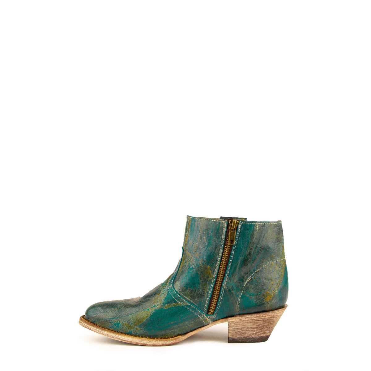 Ferrini Fringe Leather Boots in distressed turquoise leather with a side zipper, pointed toe and low stacked heel