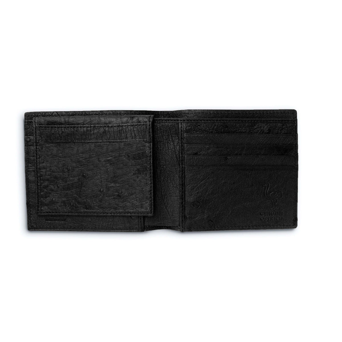 Ferrini Full Quill Ostrich billfold in black textured leather, opened to show multiple card slots and an ID window