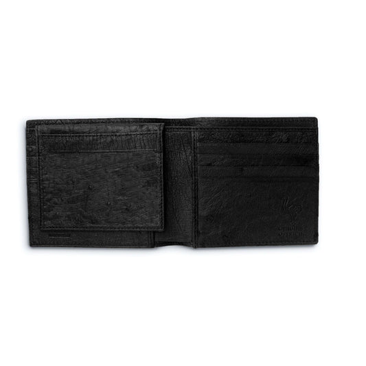 Ferrini Full Quill Ostrich billfold in black textured leather, opened to show multiple card slots and an ID window