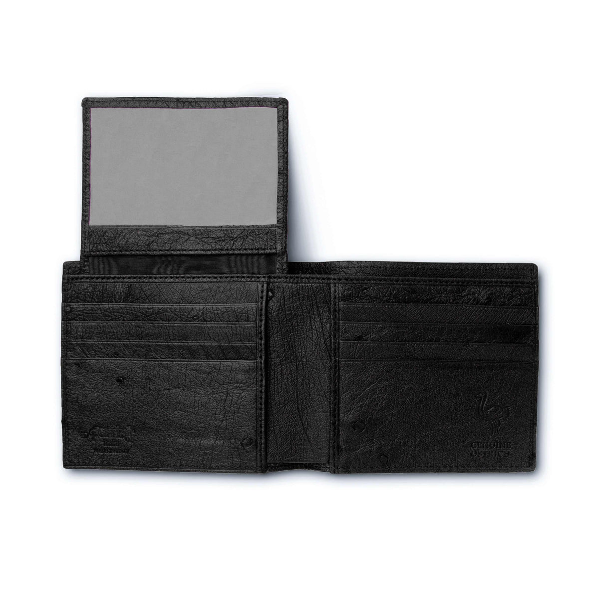 Ferrini Full Quill Ostrich billfold in black textured leather, open with card slots and a clear ID window